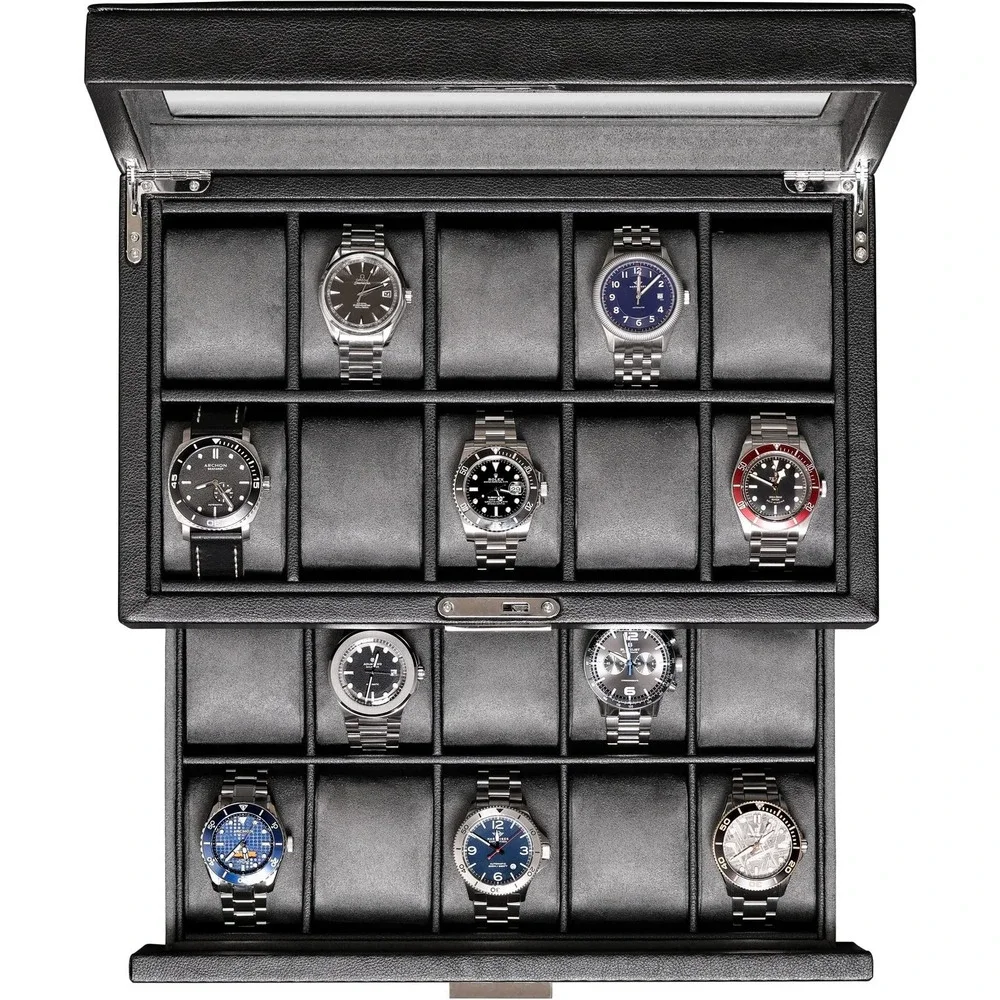 ROTHWELL 20 Slot Leather Watch Box Display Case Organizer Glass Top Lock Black